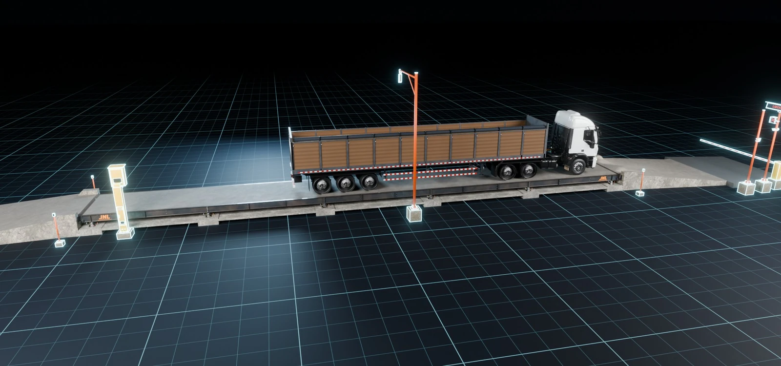 Carreta de granos sobre la báscula camionera SMARTFORCE, con barreras, semáforos, cámaras y tótem de la automatización, en escena 3D