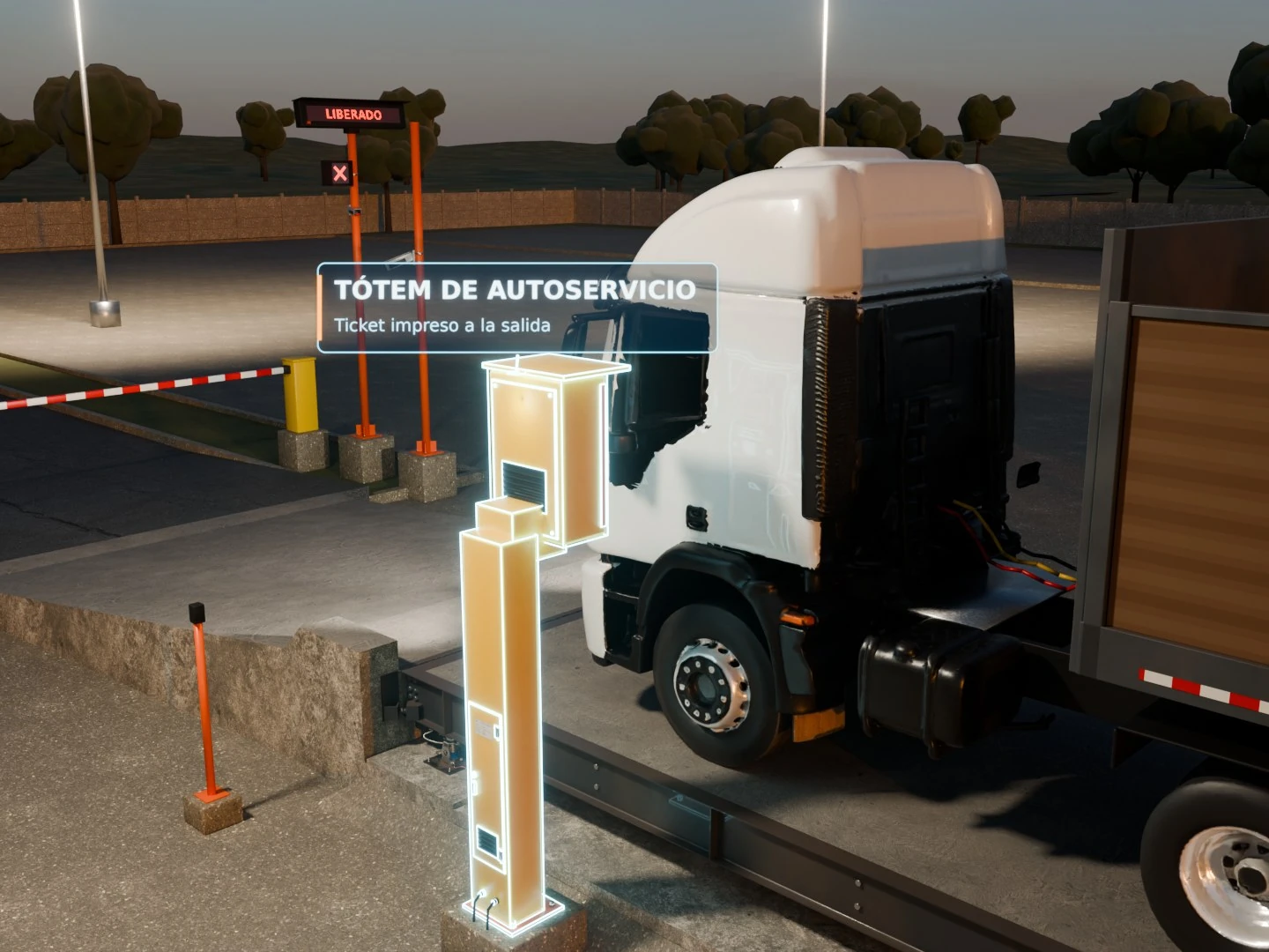 Tótem de autoatención al lado de la cabina del camión, en escena 3D